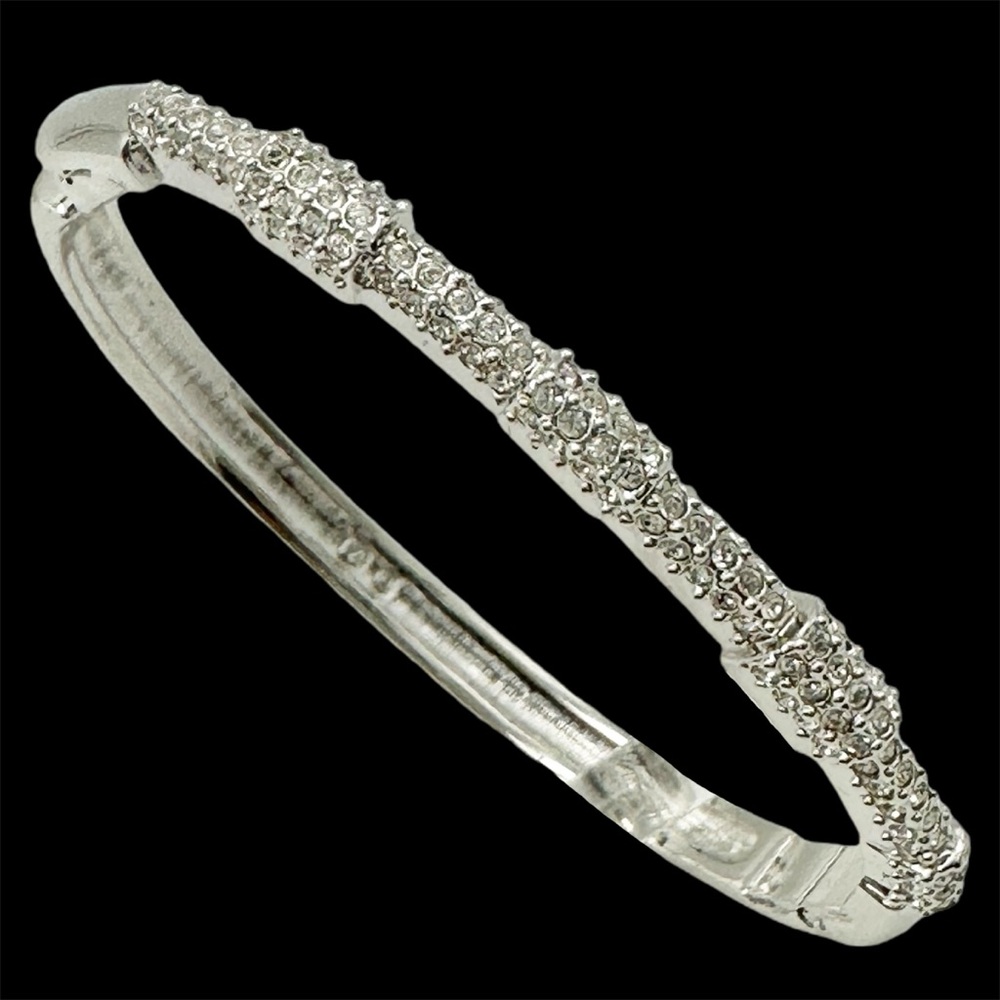 Swarovski Signed Silver Tone Pave Crystal Hinged Oval Bangle Bracelet